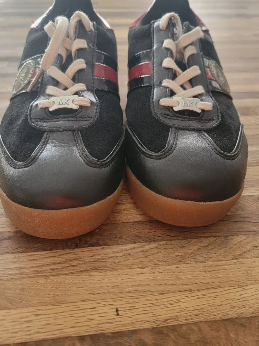 Michael Kors Vintage Black Suede Low Top Lace Up Leather Sneakers Red Trim